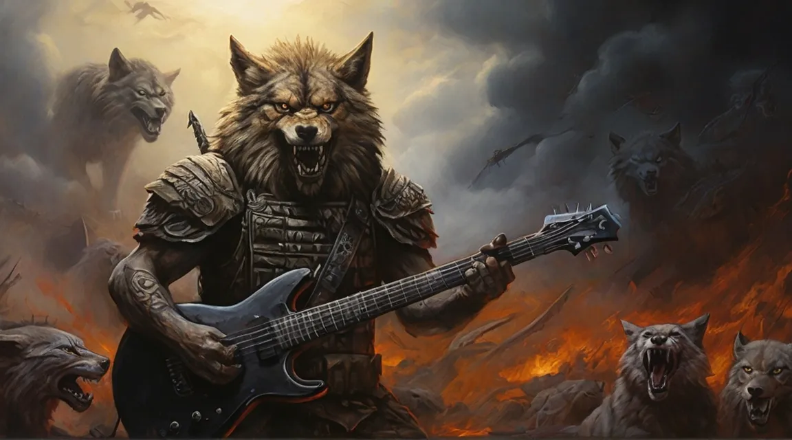 a painting of a wolf playing a guitar