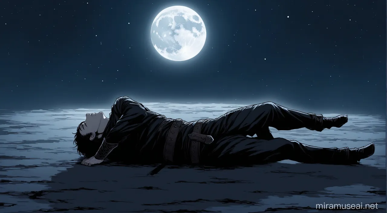 a man laying on the ground in front of a full moon