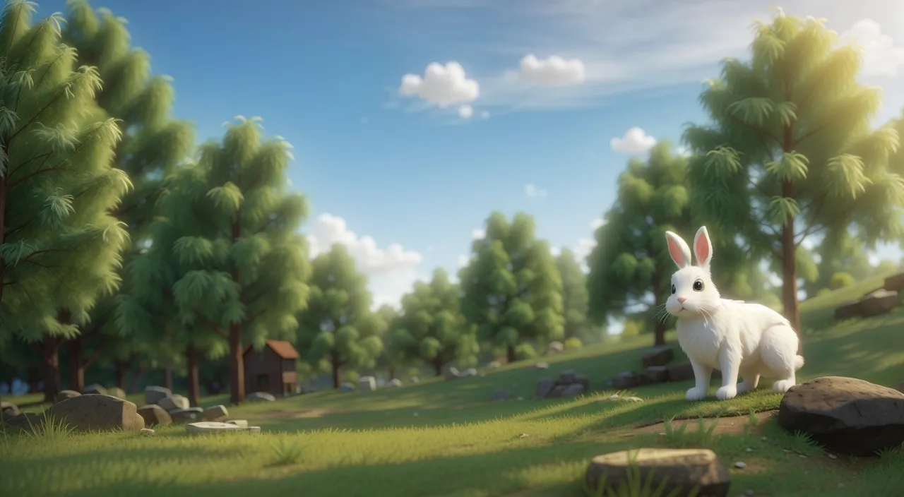 a white rabbit standing on top of a lush green field