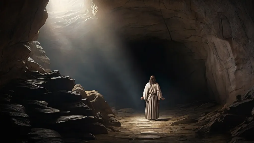 a man standing in a cave with a light coming from behind him