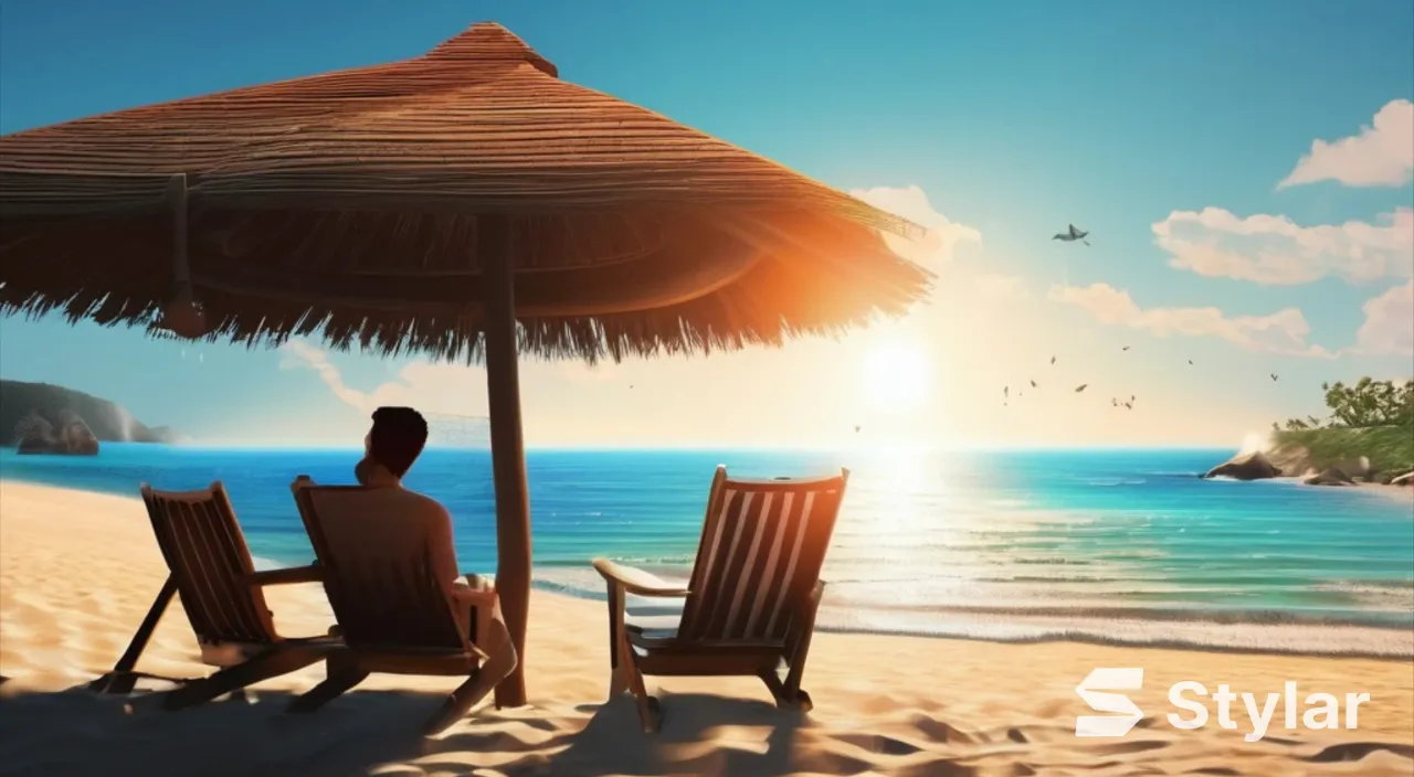 a man sitting on a beach under an umbrella