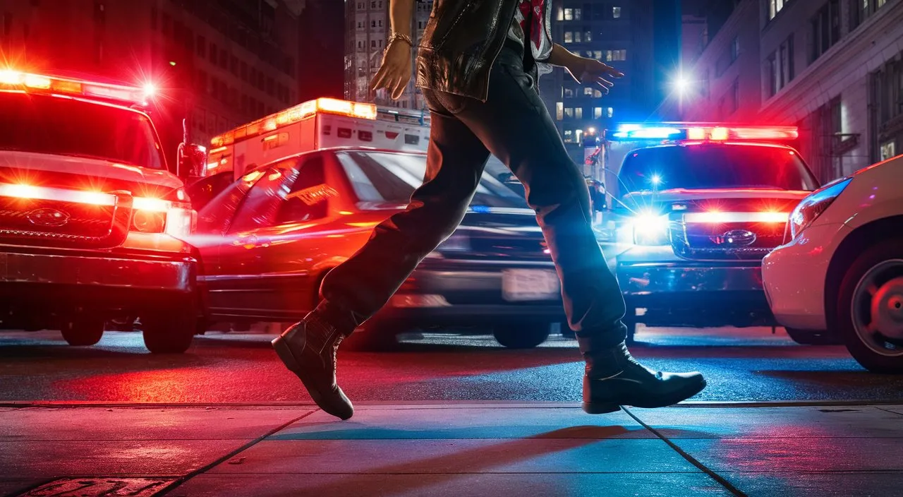 A chaotic scene with sirens wailing and red and blue lights flashing. Cut to a close-up of shoes walking quickly on the sidewalk, to the rhythm of urban sounds.