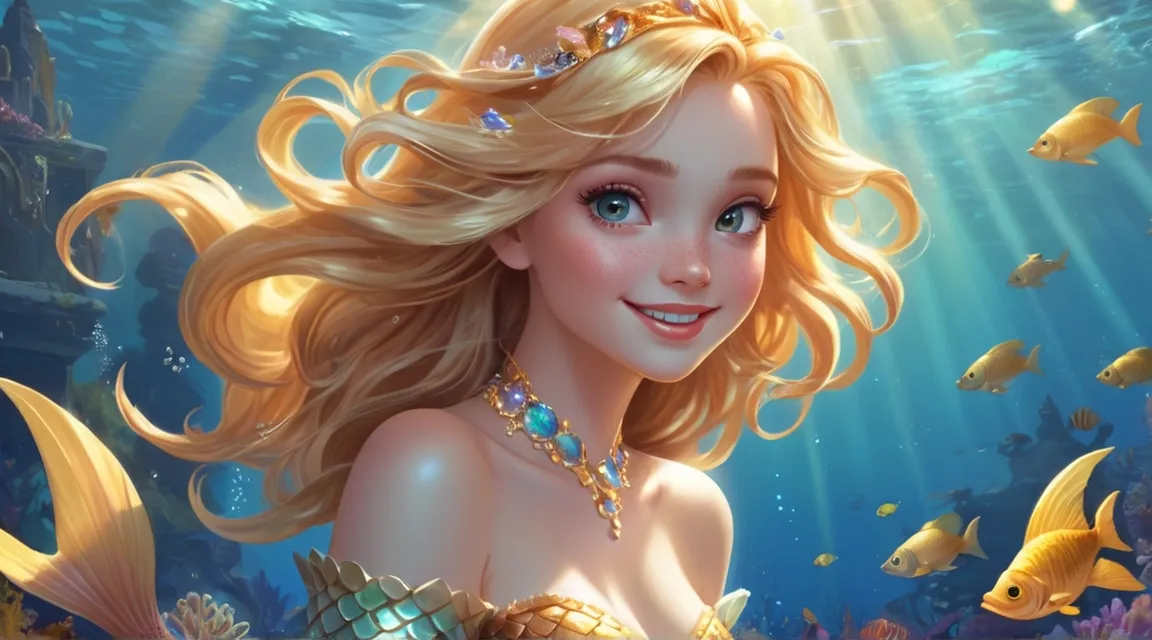 a beautiful blonde mermaid with a tiara under the water