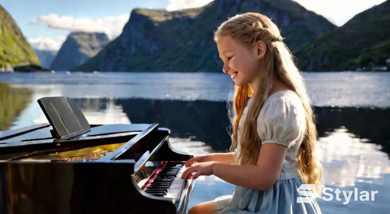 In the Nærøyfjord in Norway, with bright sunshine and blue sky and white clouds, a young and beautiful girl with fair skin and long hair is playing the piano. The girl is smiling.