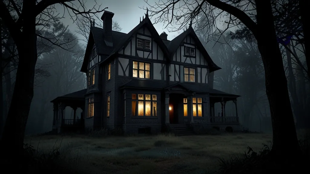 a creepy house in the woods at night