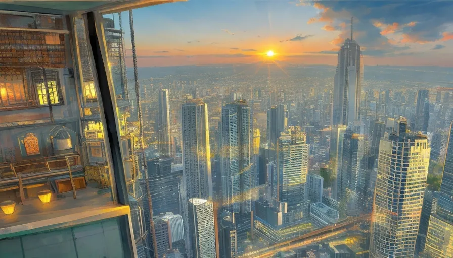 a view of a city at sunset from a skyscraper