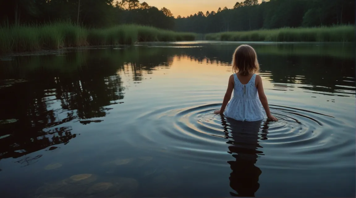 a woman is sitting in the water at sunset