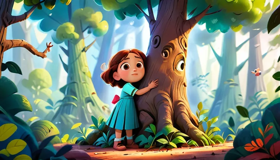 a girl hugging a tree in a forest