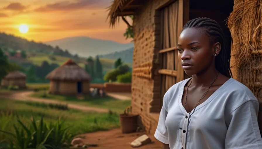 a woman standing in front of a hut