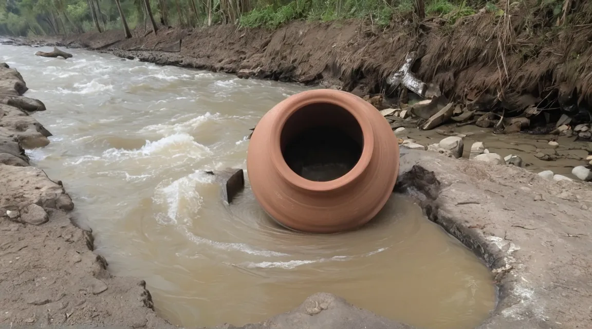 a large clay pot sitting on top of a river