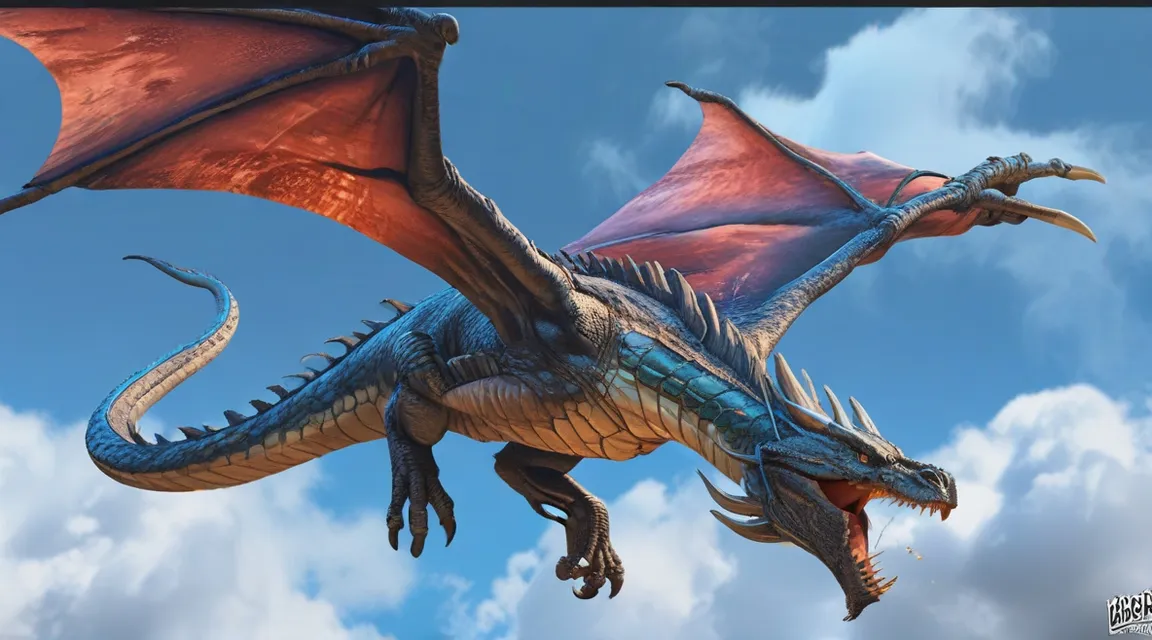 a large dragon flying through a cloudy blue sky