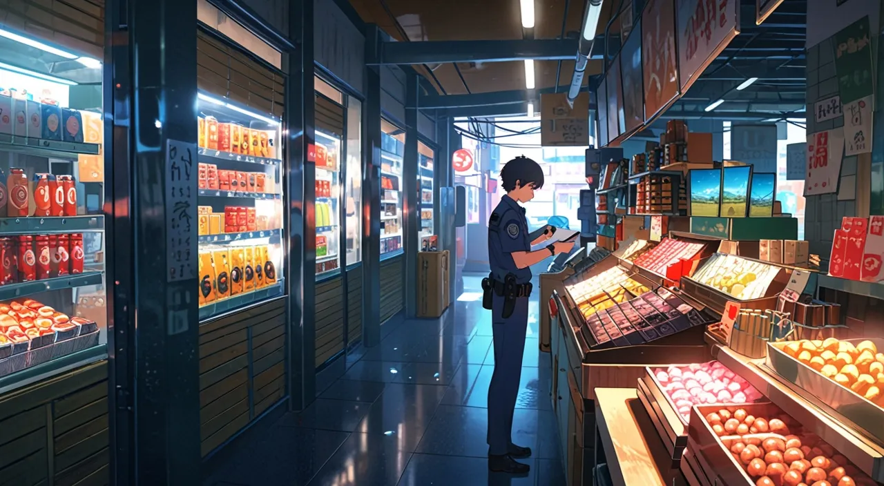 a police standing in a store looking at items