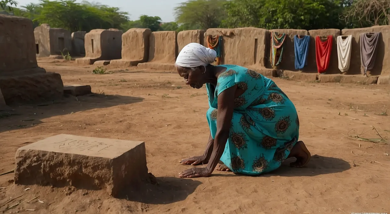 a woman kneeling down next to a stone block