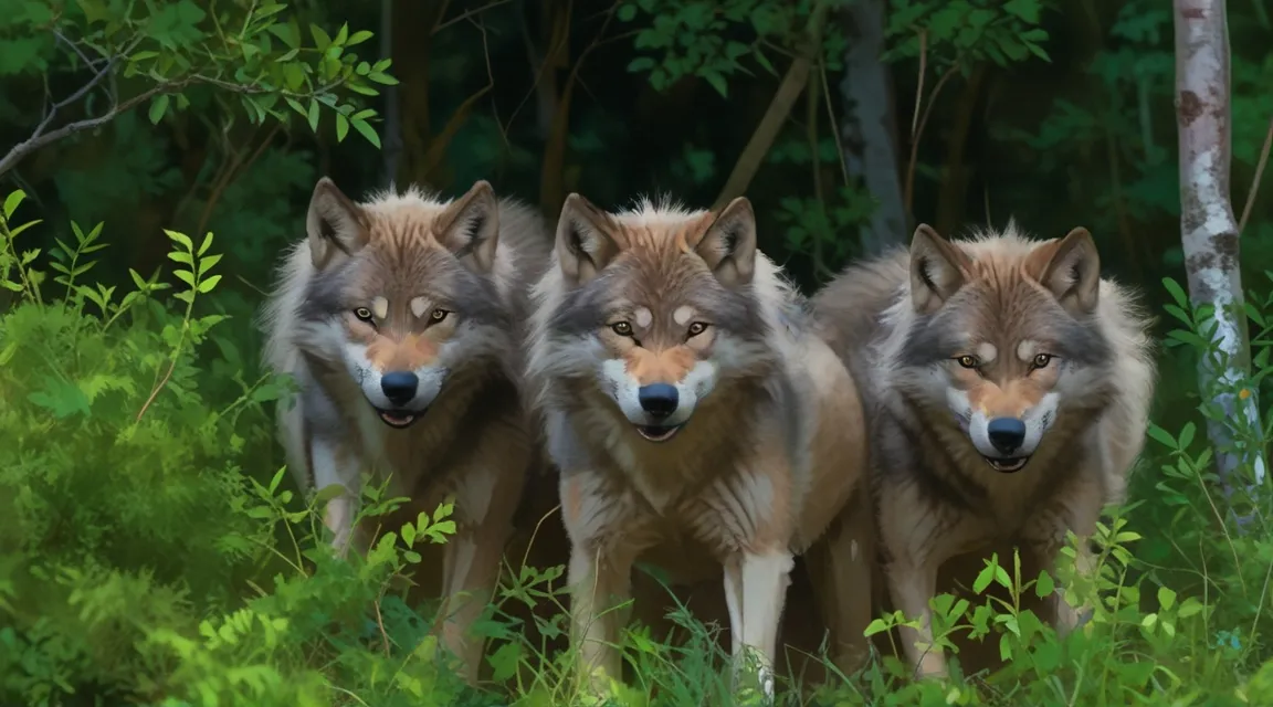 a group of three wolfs standing in a forest, Their eyes widen in astonishment as they take in the sight before them—a she-wolf, with motherly tender care holding a human infant in her jaws.