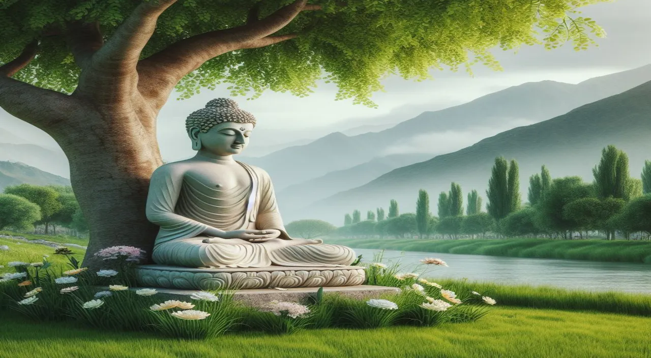 a painting of a buddha sitting under a tree