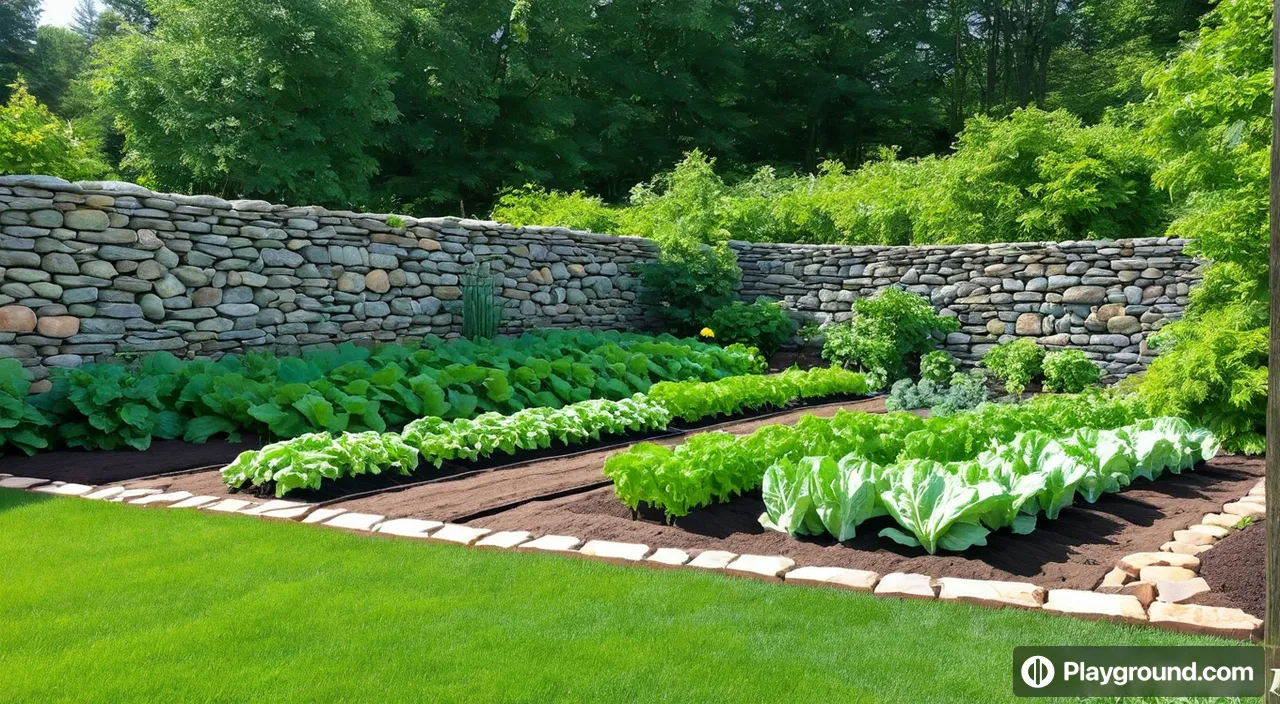 a garden with a stone wall and green plants