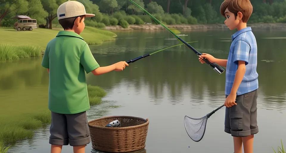 two boys are fishing in a lake with a fishing net