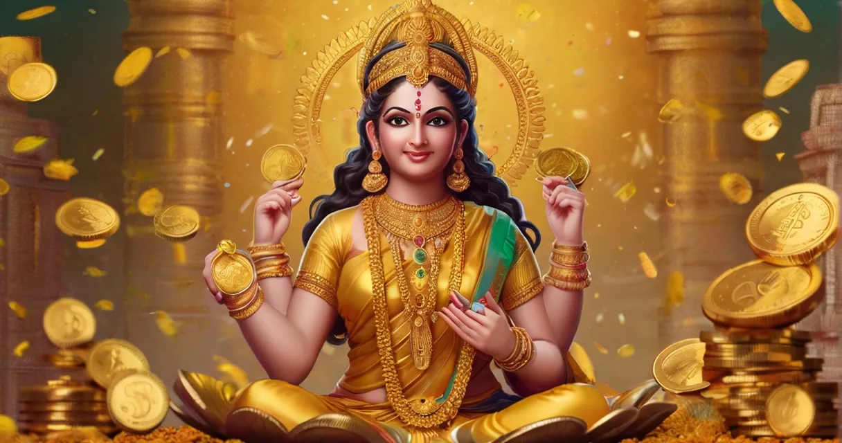 Create a goddess lakshmi with catching money on golden  background, 8k, size of 1920x1080, colorful