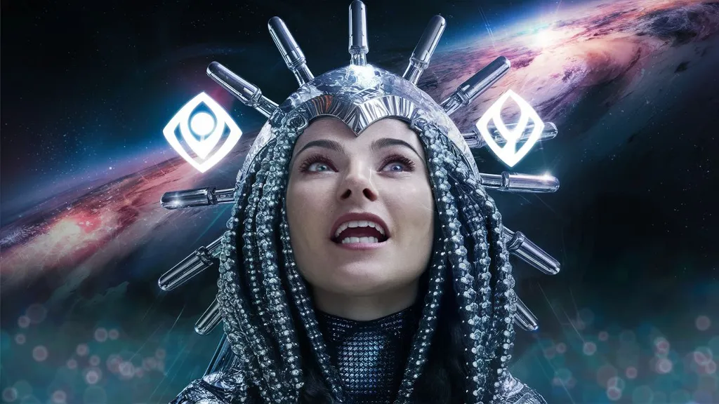 alien goddess with a look of amazement on her face, wearing a headdress made from silver chrome molecules with the light from the cosmos shining through the galatic sky, holographic alien symbols flash as they project in the atmosphere