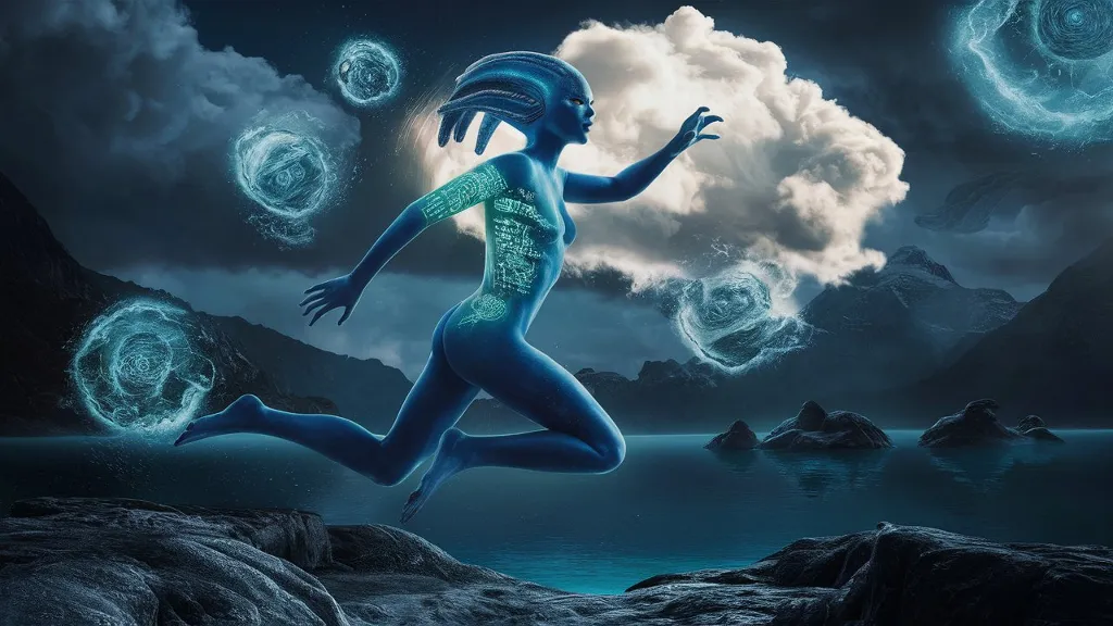 A mesmerizing scene from a high-quality dark sci-fi fantasy movie, featuring a blue alien entity with holographic ancient symbols projected onto her skin. She leaps from a floating island, surrounded by mystical waters that emit heavenly creations of pure thoughts. The atmosphere is filled with a blend of cosmic and ethereal elements, with floating clouds of consciousness and photorealistic intricate details. The overall effect is a breathtaking, cinematic masterpiece that captures the essence of the universe's highest level of knowledge and wonder.
