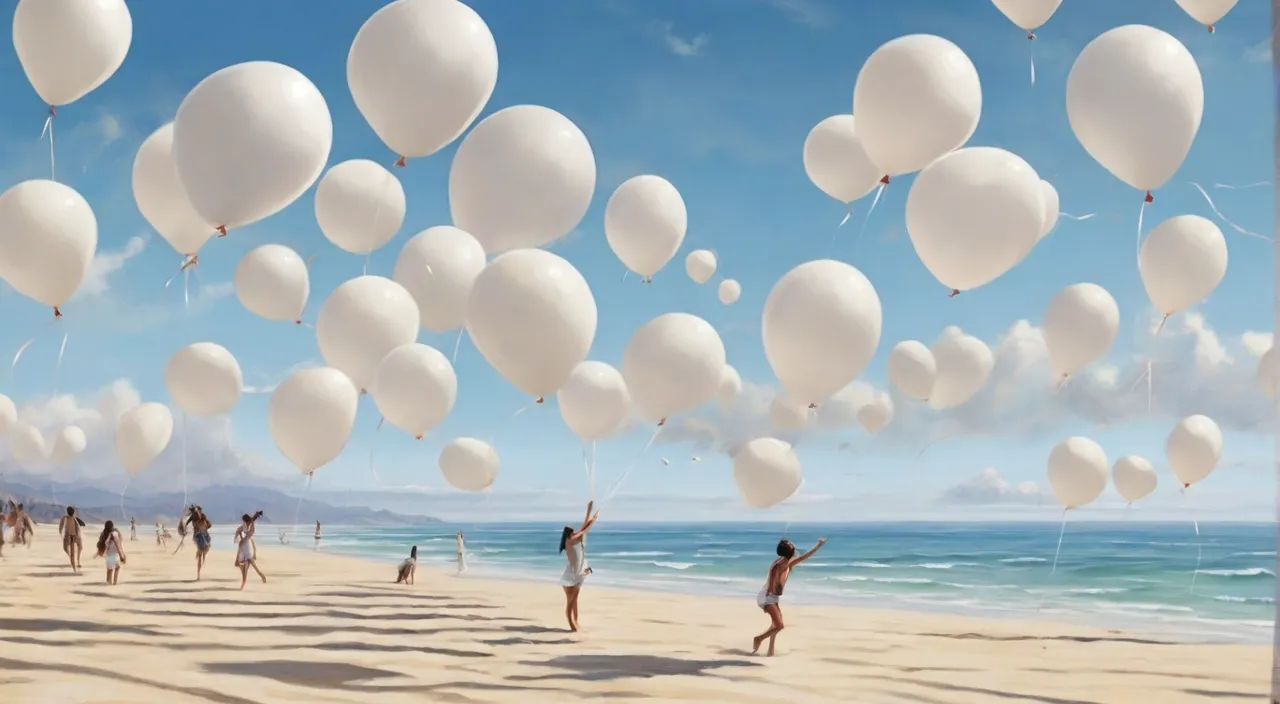 a group of people on a beach flying white balloons