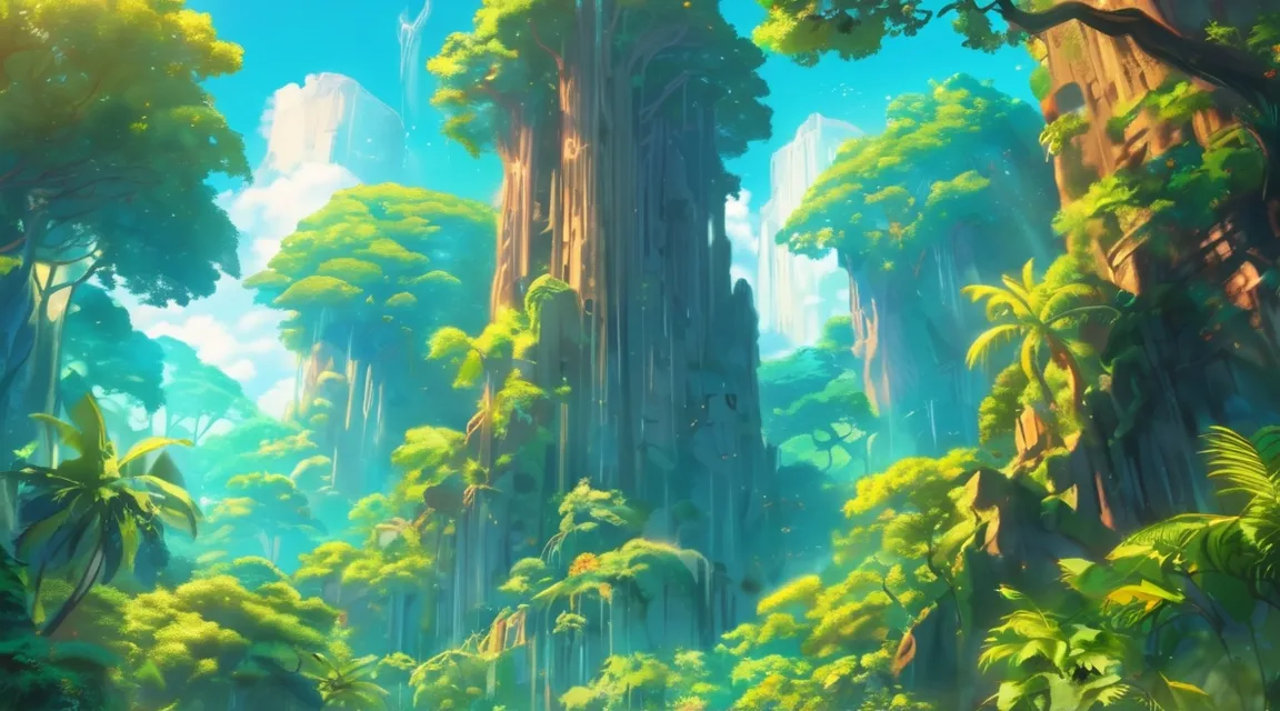 a painting of a forest with tall trees