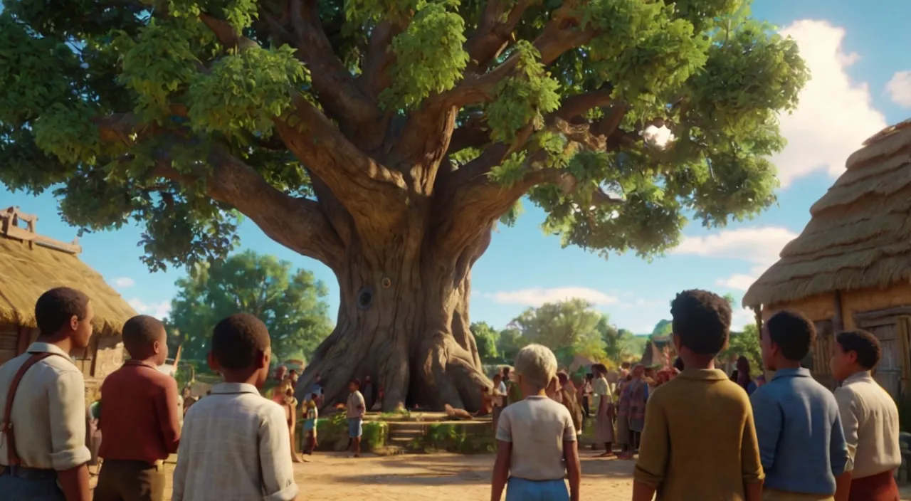 a group of people standing in front of a tree