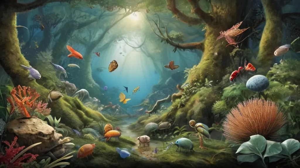 a painting of a forest filled with lots of animals