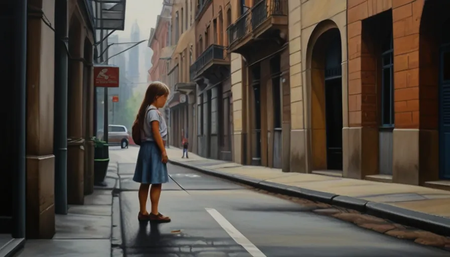 a painting of a girl standing on a city street