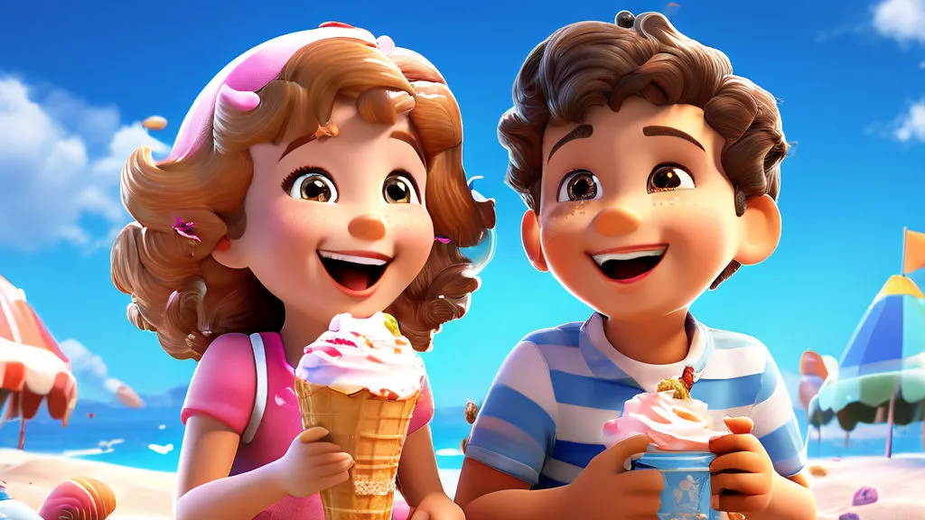 a boy and a girl eating ice cream on the beach