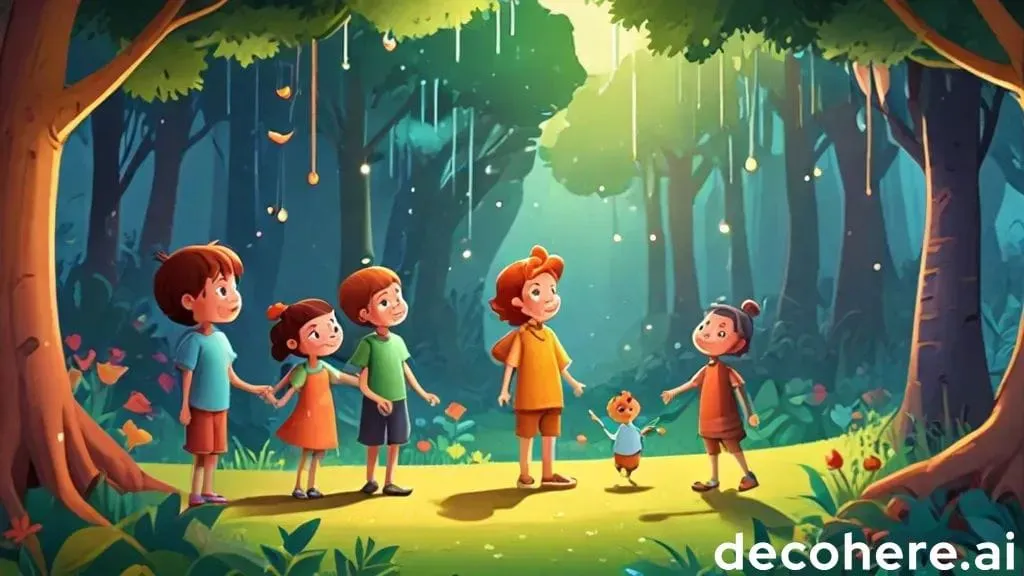 a group of children standing in the middle of a forest