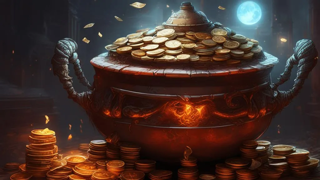 a large pot filled with lots of gold coins