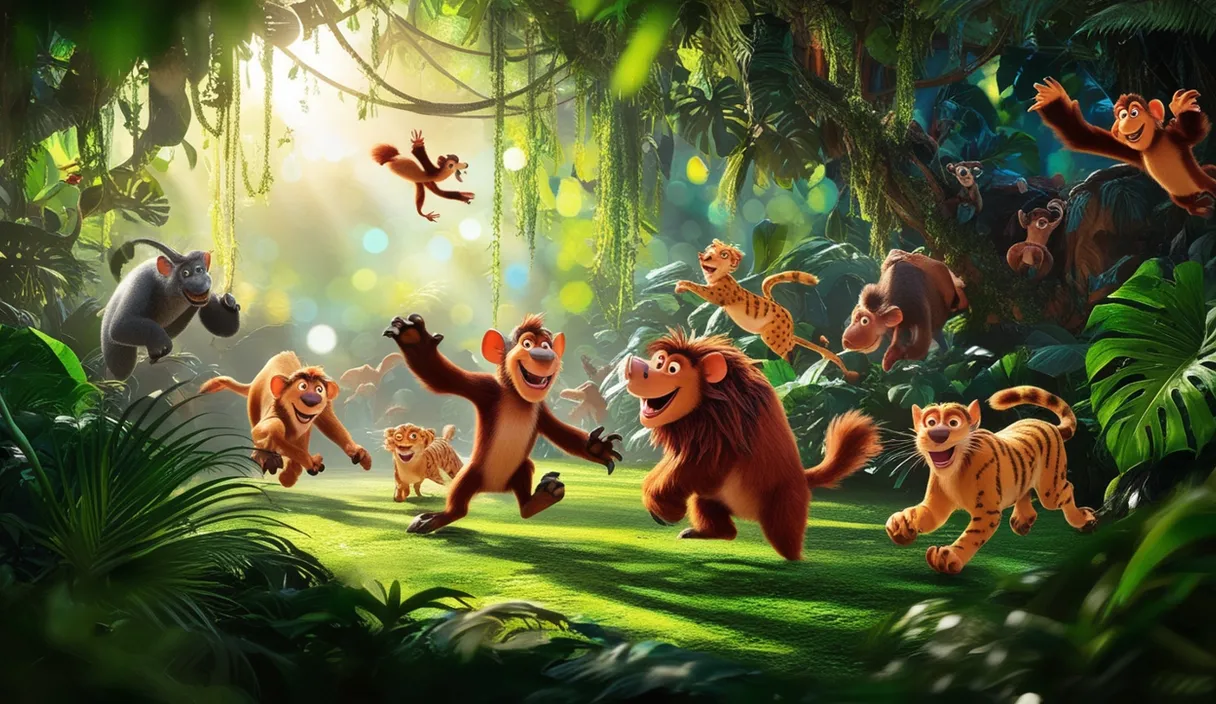 a group of cartoon animals in the jungle