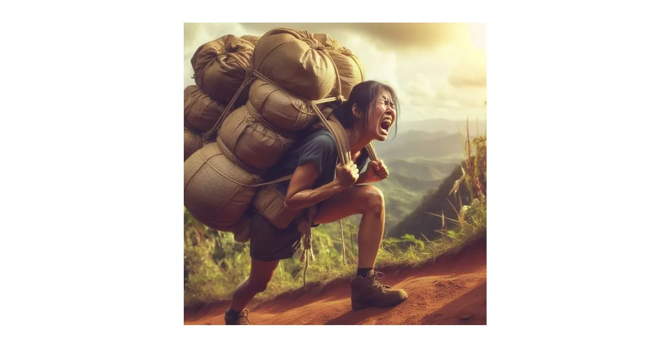 a woman carrying a large pile of luggage down a dirt road