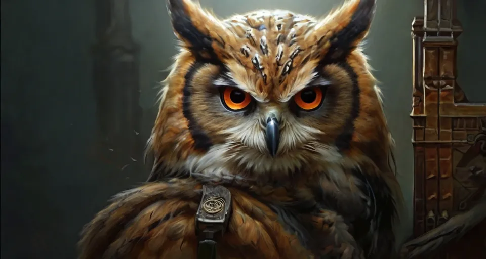 a painting of an owl with orange eyes