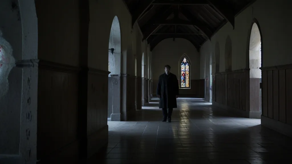 a man walking down a hallway in a church