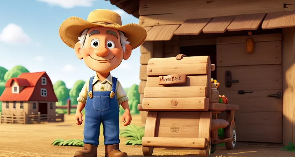 a cartoon character standing in front of a farm