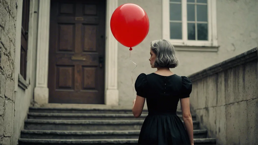 a woman in a black dress walking upstairs holding a red balloon