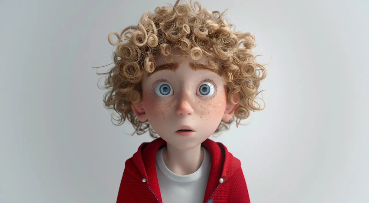 a young boy with curly hair and blue eyes