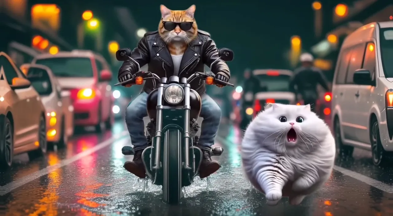 a cat riding on the back of a motorcycle next to a white cat