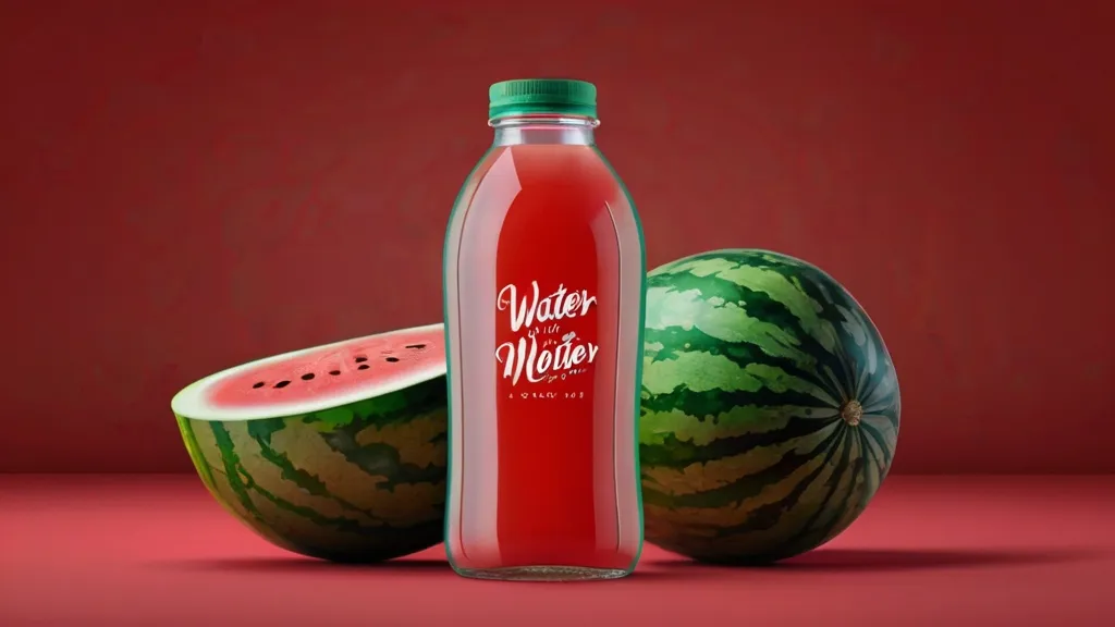 a bottle of watermelon juice next to a watermelon word water melon taste on it