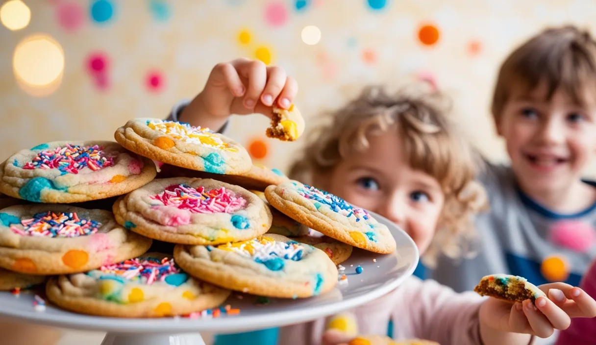 a little girl holding a plate of cookies with sprinkles