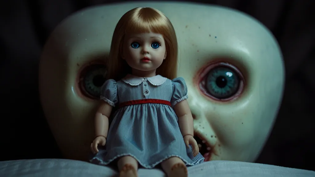 a doll sitting on a pillow next to a creepy doll