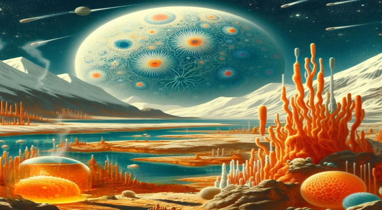 a painting of an alien landscape with planets and stars