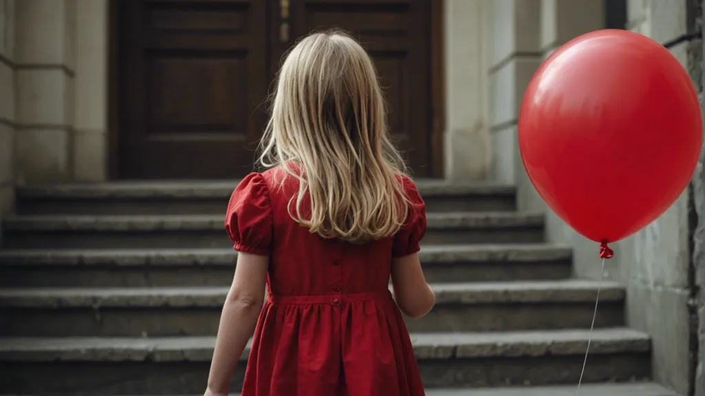 a little girl in a red dress walking upstairs holding a red balloon