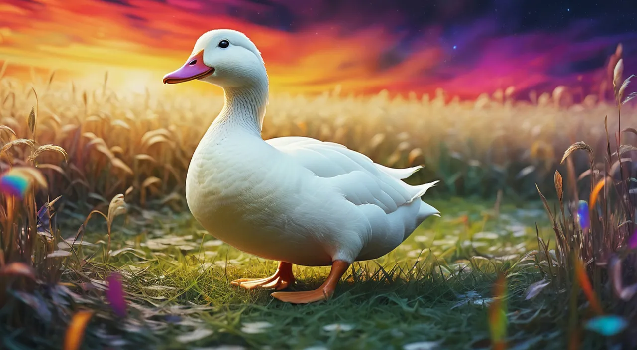 a white duck standing on top of a lush green field