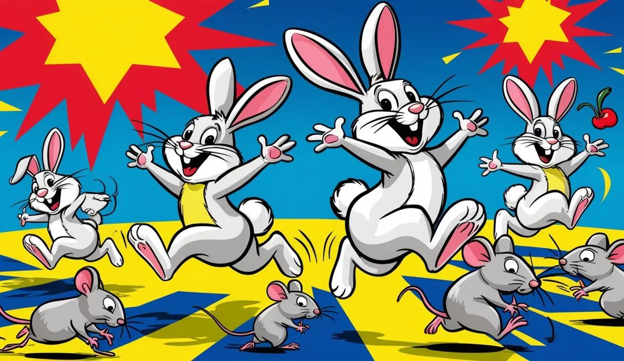 a group of cartoon rabbits running across a checkered floor