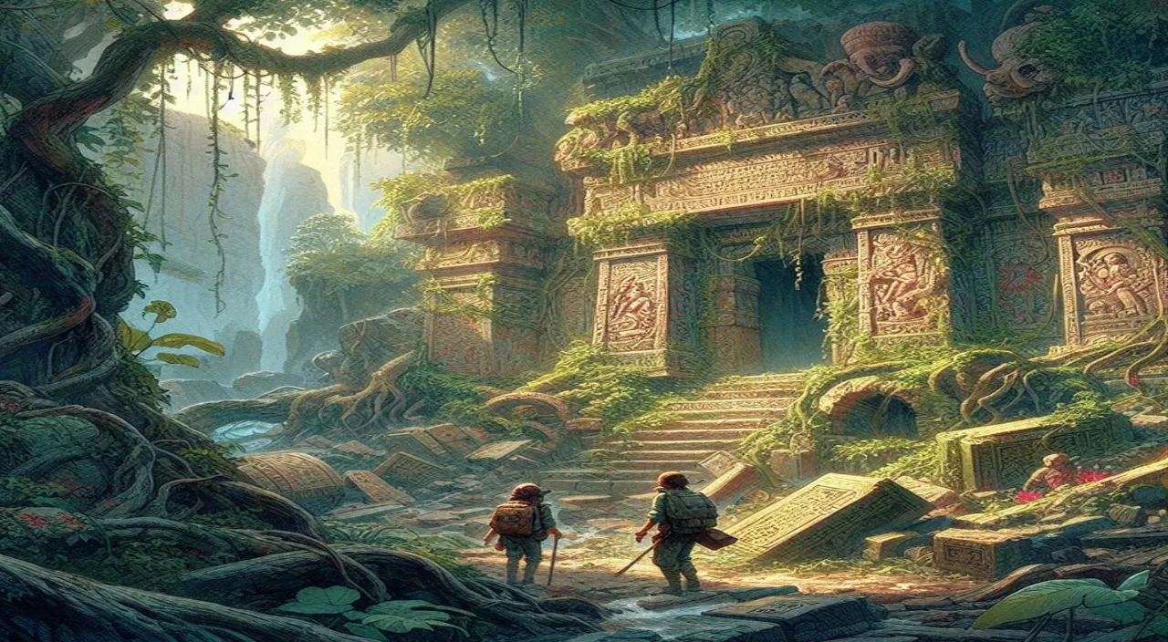 a painting of two people walking through a jungle