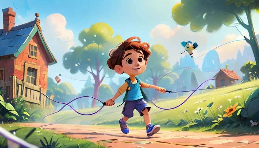 a young girl running with a dog in a cartoon style