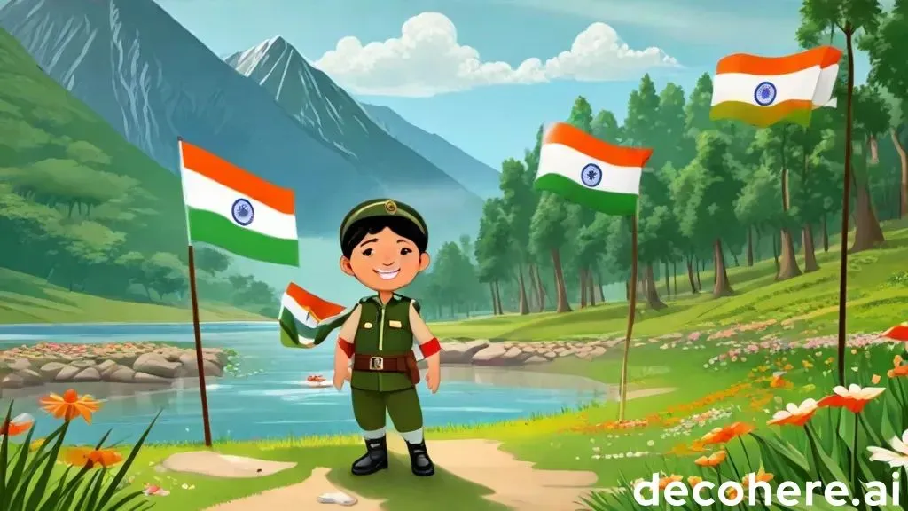 a boy is standing in front of two flags